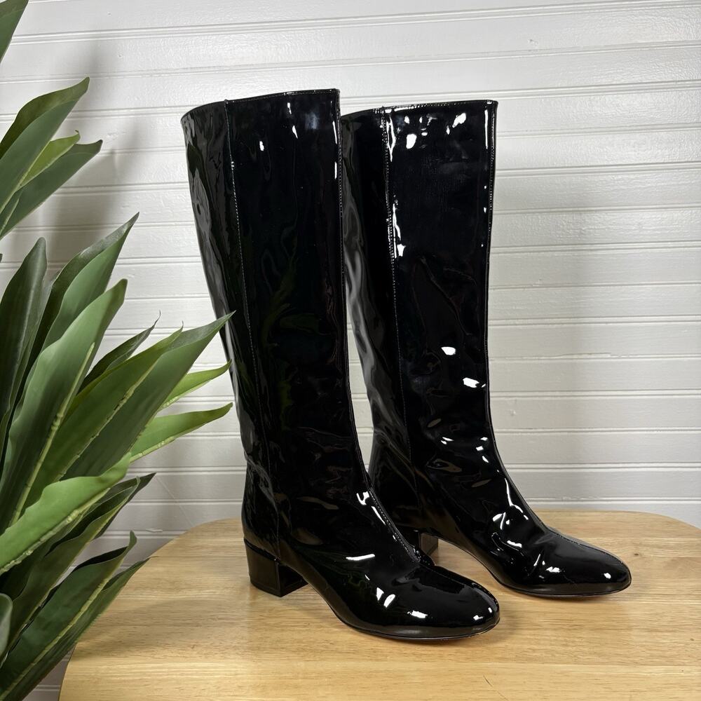 J Crew Black Patent Leather Knee High Boots 7.5 Round Toe Low Block Heel Gogo
